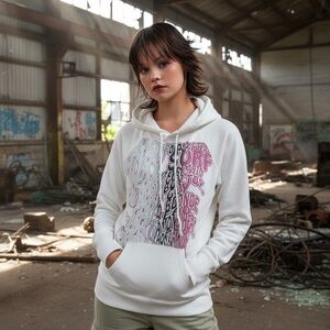 ROXY VTG Y2K Women’s White Hoodie With Psychedelic Wavy Text Design In Size XL